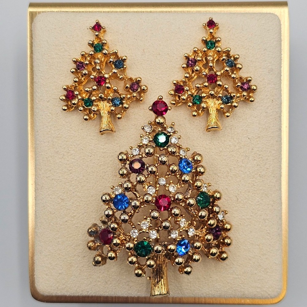 Eisenberg Matching Earrings + Brooch Gold Tone Decorated Festive Christmas Trees
